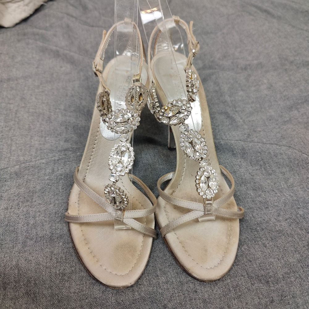 Dolce & Gabbana Sandals Womens 38 Champagne Satin Crystal T-Strap Heels Glam - Picture 3 of 9